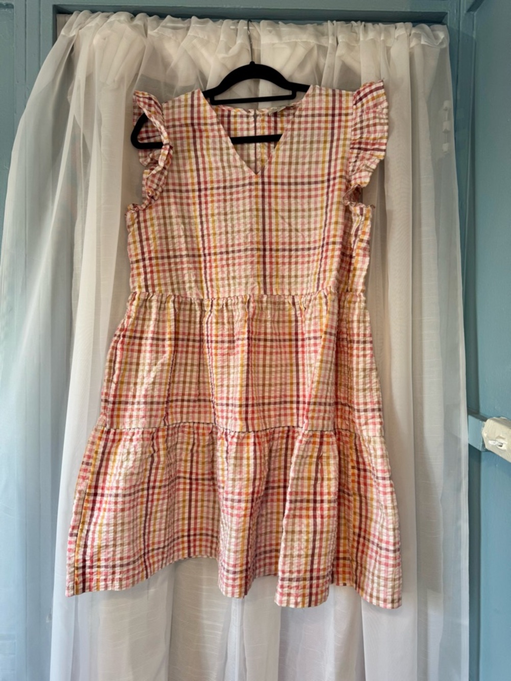 LOFT Pink and Yellow Plaid Tiered Dress